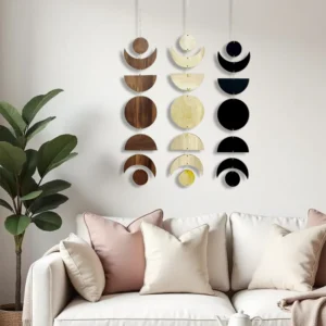 1Pc Bohemian Style Wooden Hanging Pendant Decor,Wall Home Decor Moon Pendant Room Hanging Decor,Natural Wood Wall Art for Living