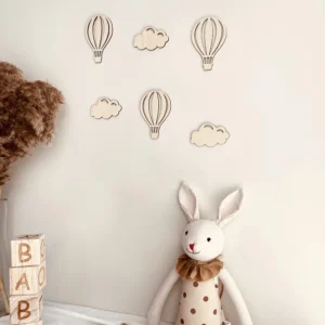 6Pcs/Set Ins Natural Wood Color 3D Hot Air Balloon Western Style Wall Decoration Bedroom Wooden Hot Air Balloon Cloud Home Wall Wooden Wall Stickers Decoration Christmas Holiday Art Wall Decoration Holiday Wooden Gift Decoration Wall