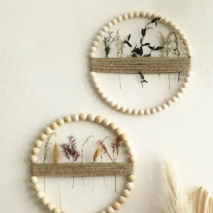 Handmade Wooden Bead and Jute Rope Wall Hanging Boho Rustic Farmhouse Art Wreath Natural Wood Decor (Dried Flowers Not Included)