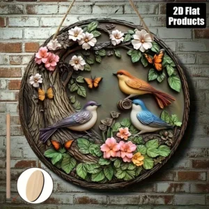 2D Flat, Vintage Round Wooden Wall Art - 2D Flat Nature-Inspired Decor with Colorful Songbirds, Butterflies & Flowers - Artifici