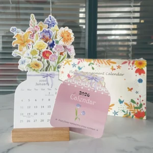 Environmentally Friendly Paper Flower Desktop Calendar Wooden Stand Calendar Cute Exquisite Decorative Ornament Natural Wood