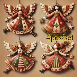 4pcs Vintage Wooden Angel Ornament - Flat Creative Christmas Tree Hanger, Retro Decorative Doll Pendant for Holiday Decoration