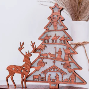 3pcs Christmas Tree Shape Luminous Wooden Nativity Scene Ornaments Elk Christmas Decorations Ornaments Party Decorations
