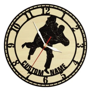 Personalized Judo Wooden Frame Wall Clock Martial Arts Fighting Club Decor Custom Jiu-Jitsu Natural Wood Clock Judo Lover Gift
